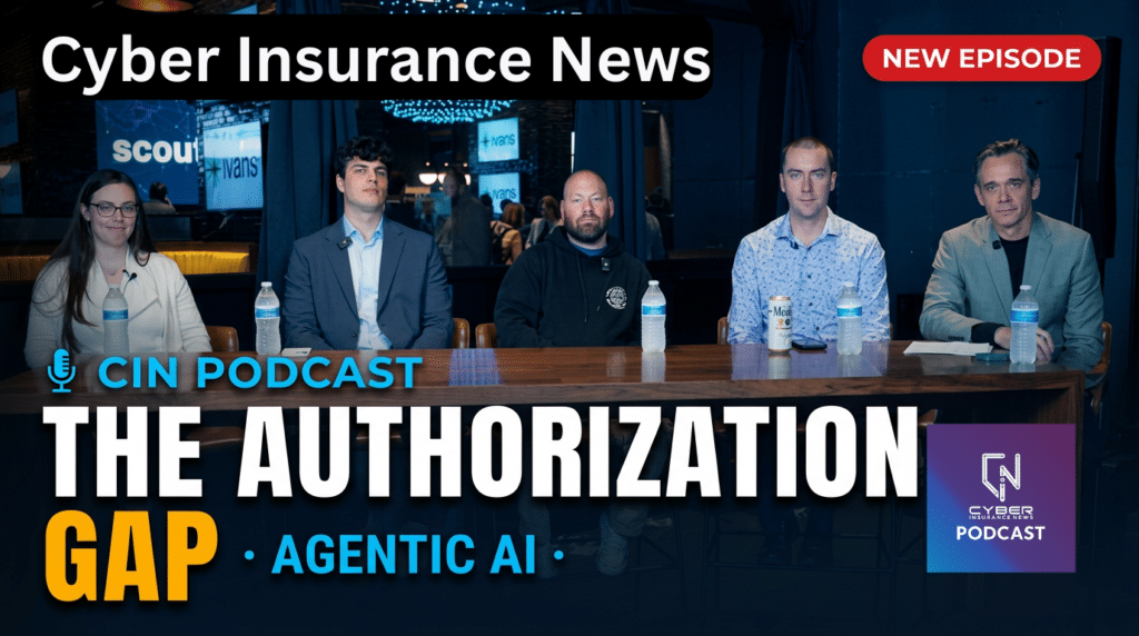 Cyber Insurance News podcast thumbnail for The Authorization Gap episode on agentic AI cyber insurance, featuring the panel.