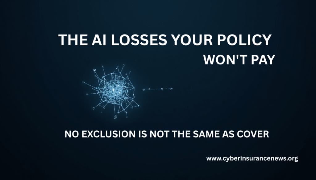 Glowing blue neural network on a navy background with one connection breaking apart, headlined 'The AI losses your policy won't pay,' illustrating gaps in AI cyber insurance coverage.