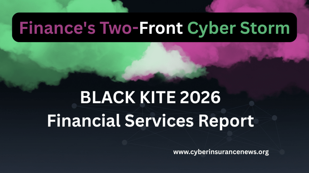 Black Kite 2026 financial services cyber risk report graphic showing ransomware and vendor risk as a two-front cyber insurance storm.