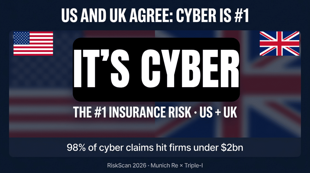 Cyber insurance protection gap graphic: cyber is the No.1 insurance risk in the US and UK, with 98% of claims from firms under $2bn