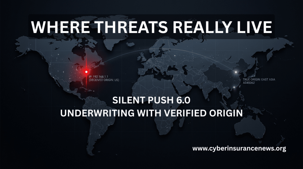 Silent Push 6.0 world map tracing a deceived US IP to its true East Asia origin for cyber insurance threat intelligence.