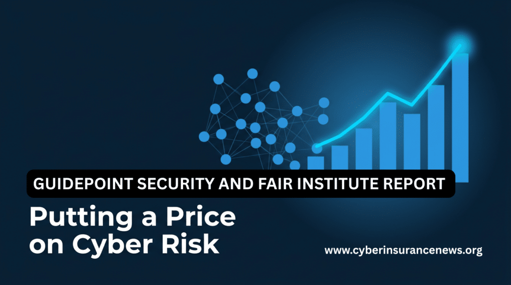Blue network nodes rising into an upward bar chart, headlined "Putting a Price on Cyber Risk," illustrating cyber risk quantification (CRQ) and its growing role in the cyber insurance market, from the GuidePoint Security and FAIR Institute report.