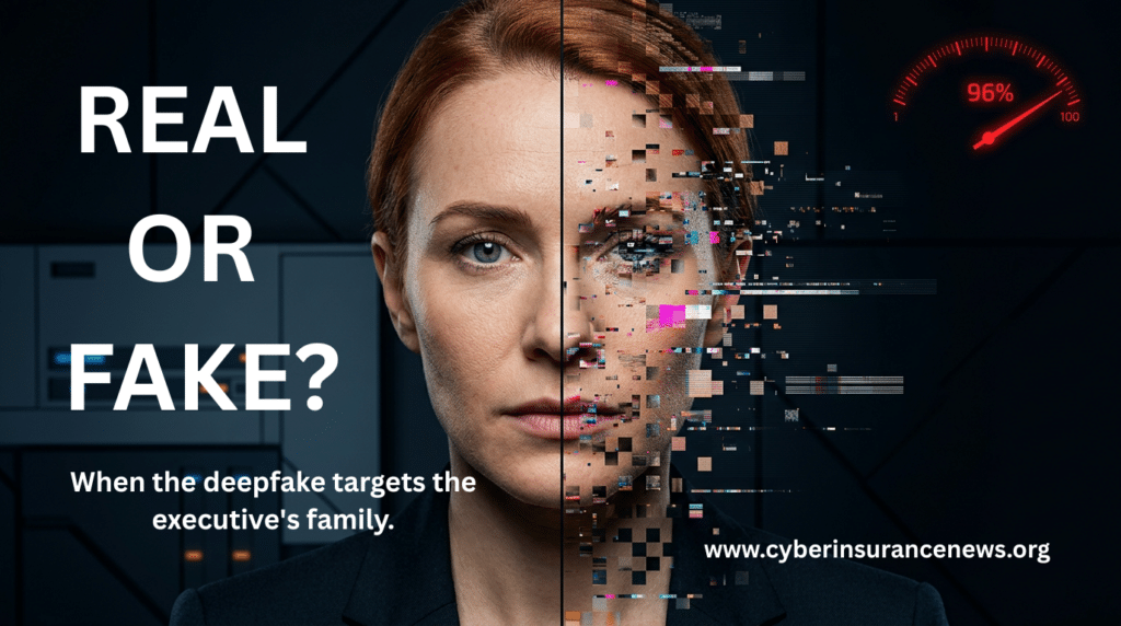 Split portrait of a woman half real and half deepfake, illustrating deepfake executive risk, family-targeted scams, and cyber insurance exposure.