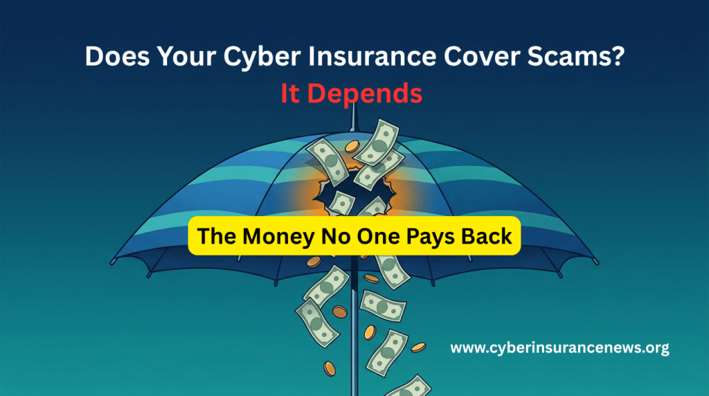 Does cyber insurance cover scams: a blue umbrella with a torn hole at the top, with banknotes and coins falling through the gap and out the bottom, illustrating scam losses that slip through cyber insurance coverage. Overlay text reads It Depends and The Money No One Pays Back.