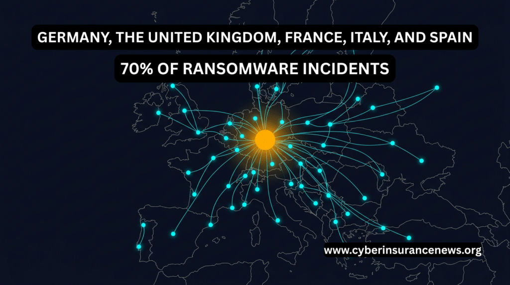 Map of Europe on dark navy showing ransomware spreading from a glowing amber hub to cyan nodes across the continent, with text noting Germany, the United Kingdom, France, Italy, and Spain account for 70% of European ransomware incidents.
