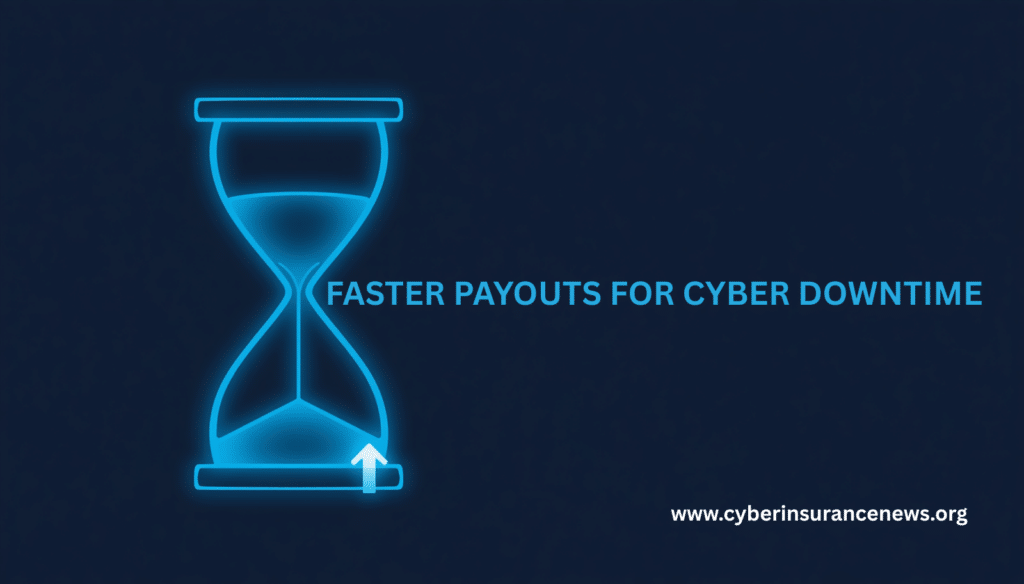 A glowing blue hourglass with an upward arrow rising from its base on a dark navy background, headlined 'Faster payouts for cyber downtime,' on Marsh's framework to speed up cyber business interruption claims.