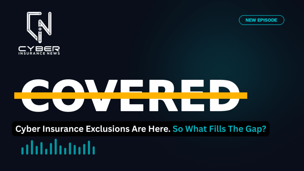 Micro-captive cyber insurance podcast thumbnail: "Covered" struck through, asking what fills the cyber coverage gap