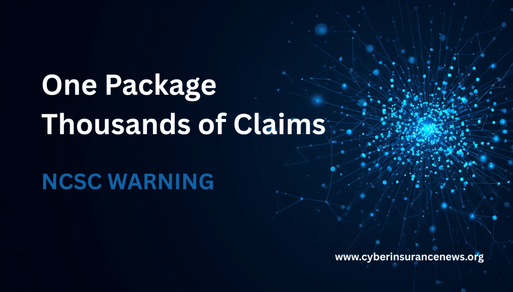 Blue digital network burst illustrating open source supply chain risk, with headline "One Package, Thousands of Claims" framing the NCSC warning for the cyber insurance market.