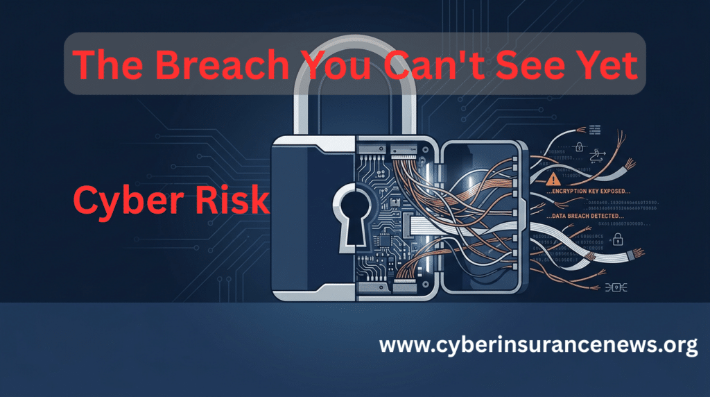 Post-quantum cryptography and cyber insurance risk shown as an open padlock split apart to reveal exposed internal circuitry and tangled wiring, with alert text reading encryption key exposed and data breach detected over a dark circuit-board background. Overlay headline: The Breach You Can't See Yet.