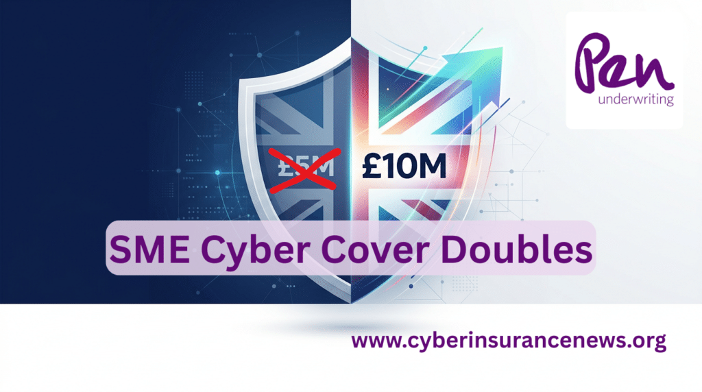 Pen Underwriting cyber insurance graphic showing the UK SME cyber cover limit doubling from £5 million to £10 million, with a Union Jack shield.