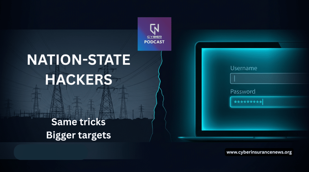 Nation-state hackers thumbnail showing power grid infrastructure and laptop login screen, illustrating cyber insurance risk from state-sponsored cyberattacks on critical infrastructure