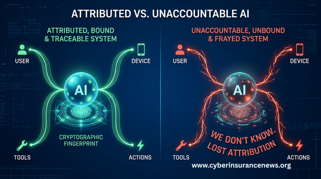 Agent identity and agentic AI cyber insurance underwriting graphic: a split comparison showing an attributed AI agent with green cryptographic fingerprint threads to user, device, tools, and actions, beside an unaccountable agent with frayed red threads labeled "we don't know, lost attribution."