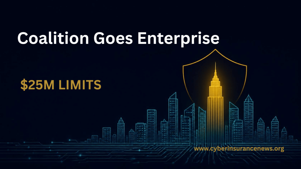 Graphic reading Coalition Goes Enterprise with $25M limits over a glowing skyscraper under a shield, illustrating Coalition enterprise cyber insurance.