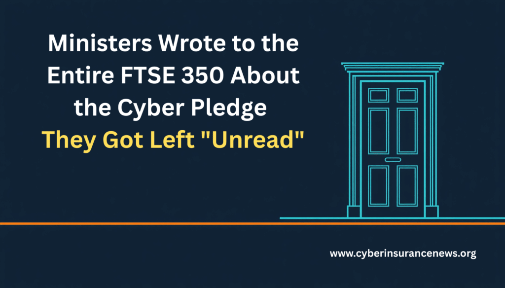 Cyber insurance news graphic on the UK Cyber Resilience Pledge. Headline reads Ministers Wrote to the Entire FTSE 350 About the Cyber Pledge, They Got Left Unread, beside a cyan outline of the Downing Street door on a dark navy background.