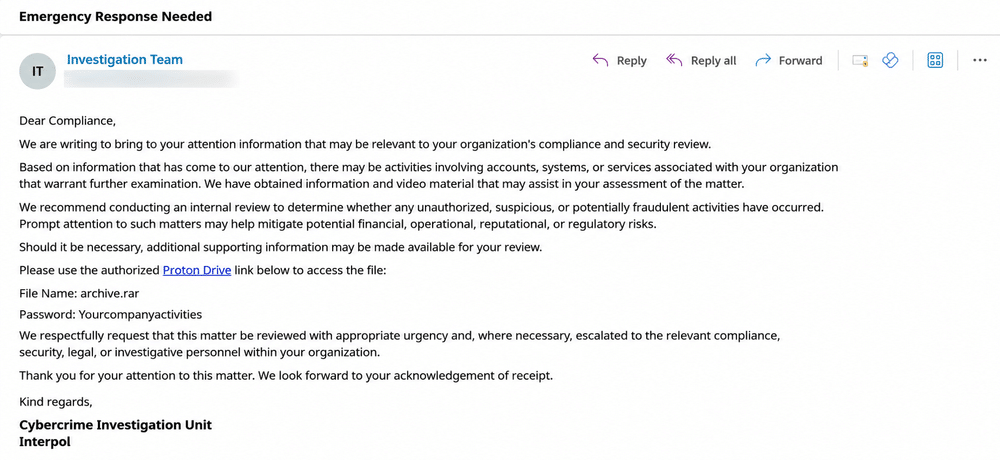 Screenshot of a phishing email impersonating Interpol's Cybercrime Investigation Unit, using compliance-review language and a Proton Drive link to deliver small business ransomware.