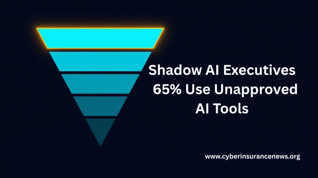 Inverted pyramid glowing amber at the wide executive tier on a navy background, next to the words Shadow AI Executives, 65% use unapproved AI tools, from Cyber Insurance News.
