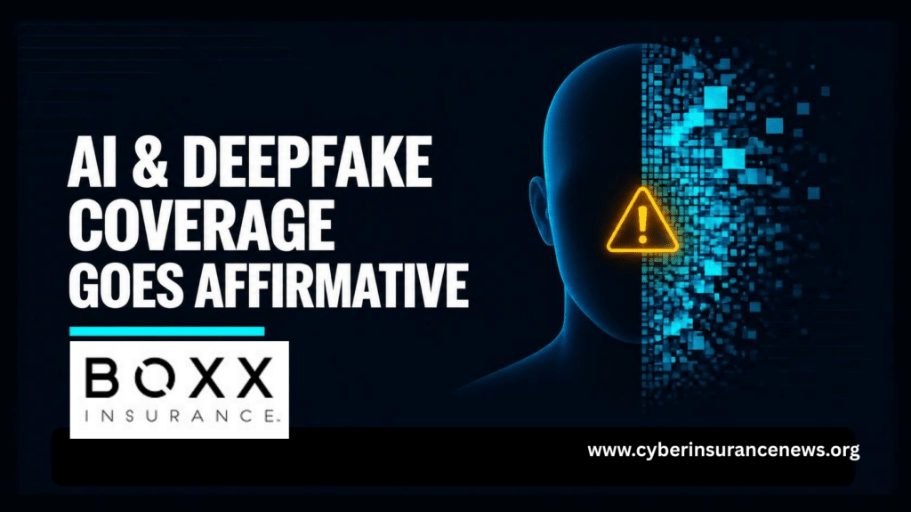 BOXX Insurance deepfake cyber insurance graphic showing a fragmenting digital face beside headline on AI and deepfake coverage, via Cyber Insurance News.