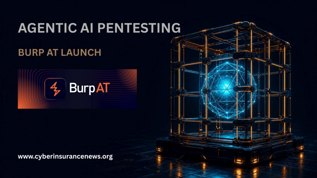 Promotional graphic for a Cyber Insurance News article on PortSwigger's Burp AT launch. A glowing blue geometric core sits caged inside an amber lattice cube against a dark navy background. Text reads Agentic AI Pentesting, Burp AT Launch, with the Burp AT logo and cyberinsurancenews.org.