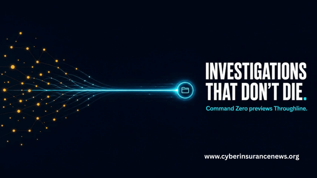 Illustration of scattered security alerts connecting into a single investigation line, representing Command Zero's Throughline announcement. As reported by cyber insurance news