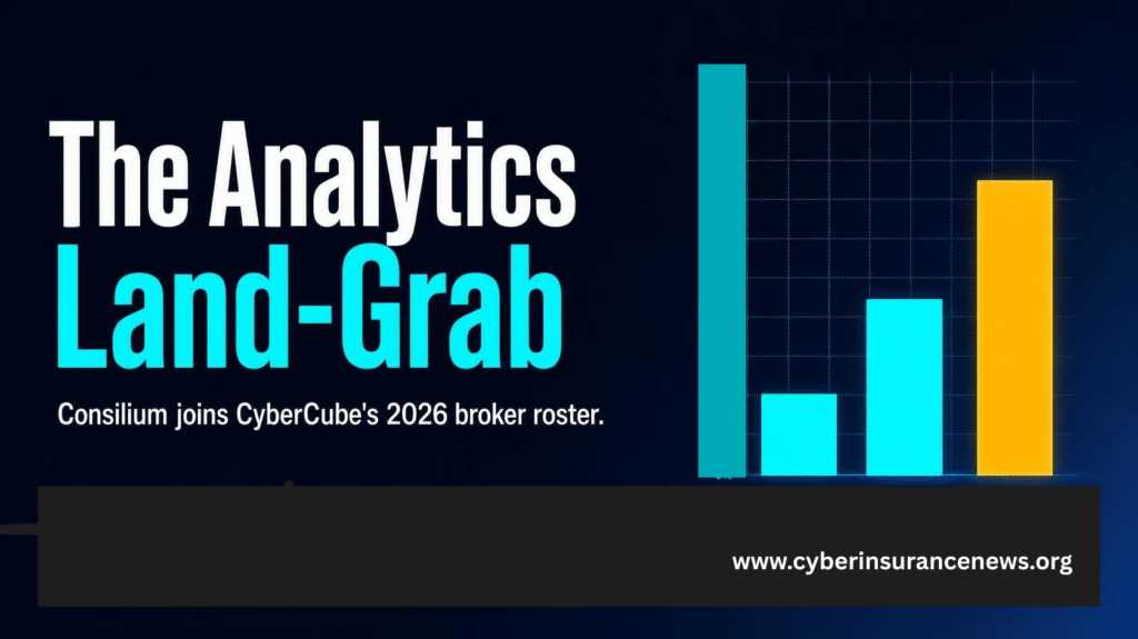 The Analytics Land-Grab graphic for cyber insurance news artcile on Consilium joining CyberCube's 2026 broker roster with an ascending bar chart in cyan and amber
