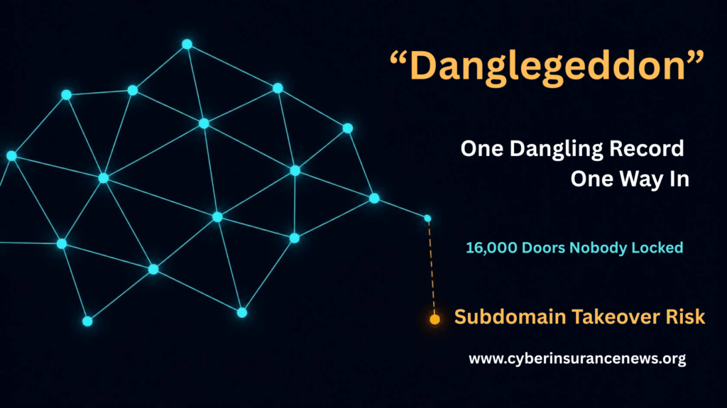 Network diagram illustrating Silent Push's Danglegeddon subdomain takeover research, showing one node dangling off a connected mesh. Text reads "Danglegeddon: One Dangling Record, One Way In. 16,000 Doors Nobody Locked. Subdomain Takeover Risk." Article for cyber insurance news relates to DNS takeover risk