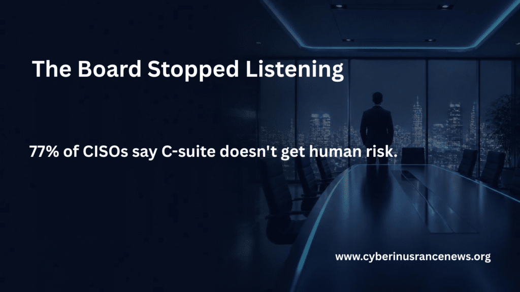 Lone CISO facing an empty boardroom illustrating the human cyber risk leadership gap found in MetaCompliance's 2026 European CISO survey, via Cyber Insurance News