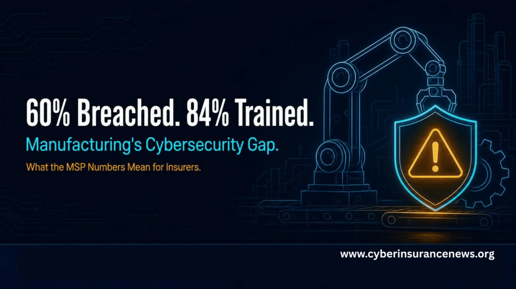 Factory robotic arm beside a warning shield icon with the headline 60% Breached, 84% Trained, illustrating manufacturing cybersecurity and cyber insurance risk, on cyberinsurancenews.org.