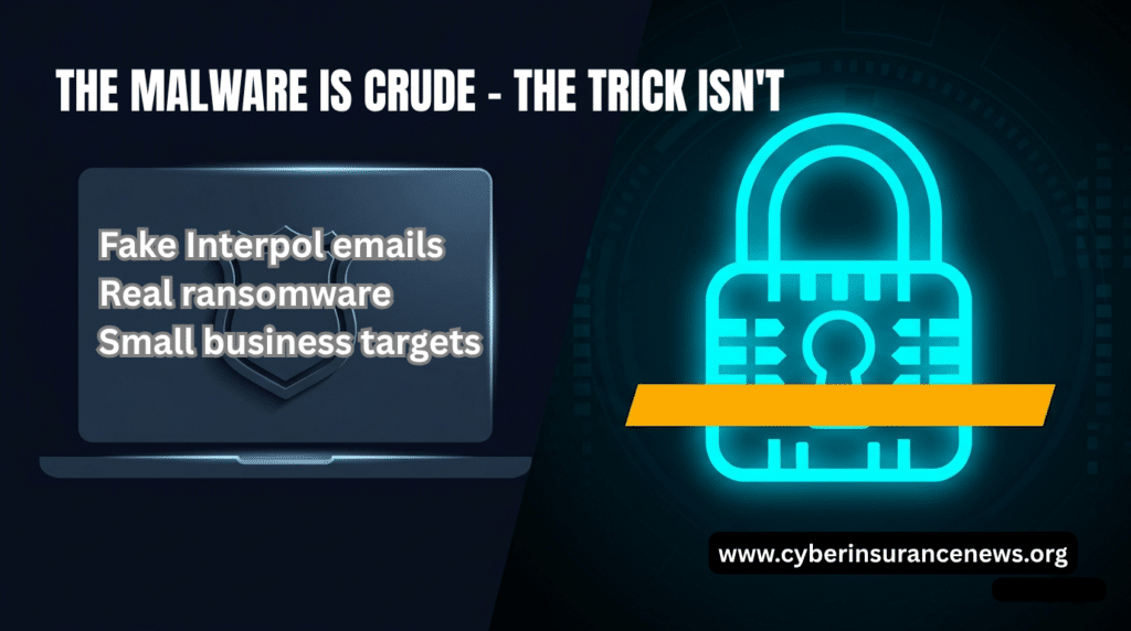 Dark security graphic with a glowing cyan padlock and shield, headline reading The Malware Is Crude The Trick Isn't, for a small business ransomware campaign. Raises issued of small business not covered by cyber insurance.
