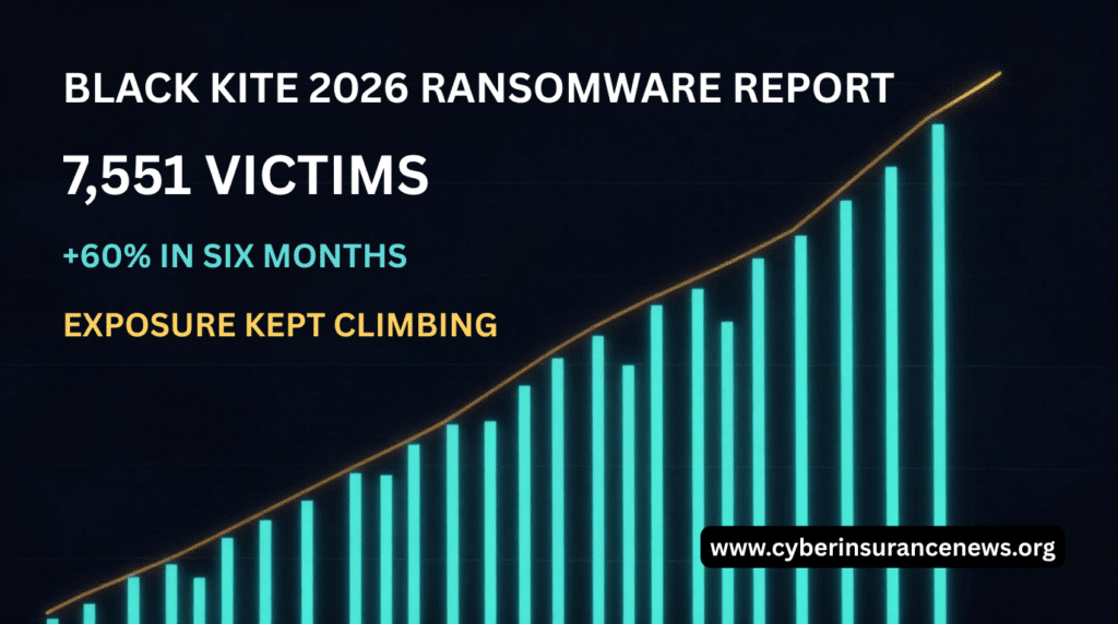 Ransomware cyber insurance graphic on navy with rising cyan bars and an amber line continuing upward past them. Text reads Black Kite 2026 Ransomware Report, 7,551 victims, plus 60% in six months, and exposure kept climbing.