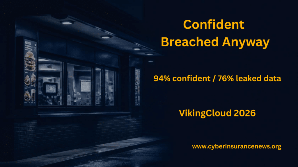 Dark fast food drive-thru window at night with the headline Confident Breached Anyway and the stat 94% confident, 76% leaked data, from VikingCloud's 2026 QSR restaurant cyber risk report, via Cyber Insurance News