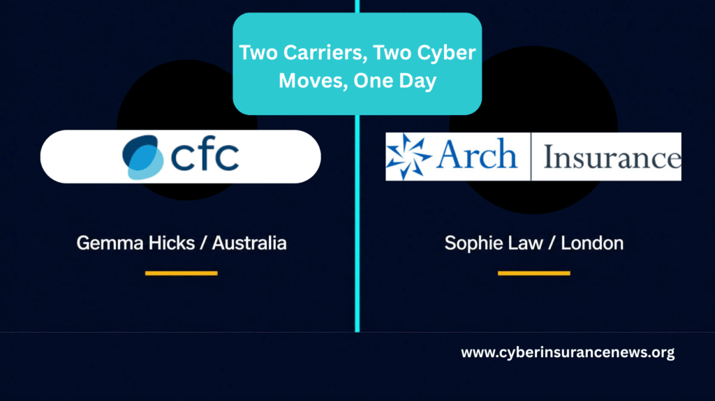 CFC and Arch Insurance logos on navy split panel with headline Two Carriers, Two Cyber Moves, One Day, noting cyber insurance executives Gemma Hicks in Australia and Sophie Law in London.