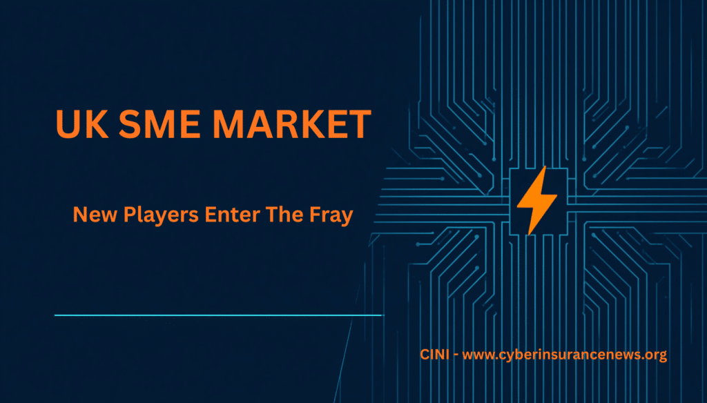 UK SME market graphic reading New Players Enter The Fray, with circuit board and lightning bolt marking Kovrilo's HSB-underwritten cyber insurance launch
