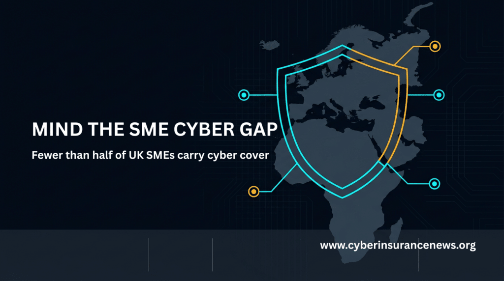 Dark EMEA map with a cyan and amber cyber shield and linked network nodes. Headline reads Mind the SME Cyber Gap, subhead reads fewer than half of UK SMEs carry cyber cover. Willis CyMax Facility SME cyber insurance graphic.