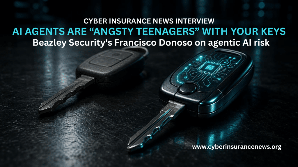 Two car keys on a dark surface, one plain metal key and one sleek key fob glowing with a blue circuit and microchip pattern, symbolizing the choice of which access to grant an AI agent. Used in cyber insurance news article.