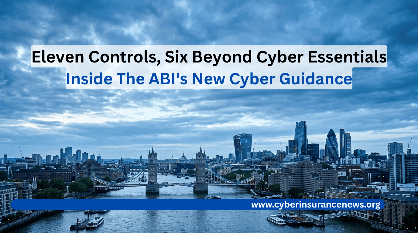 Cyber insurance controls headline card over the City of London skyline and Tower Bridge, reading eleven controls, six beyond Cyber Essentials, in new ABI guidance.