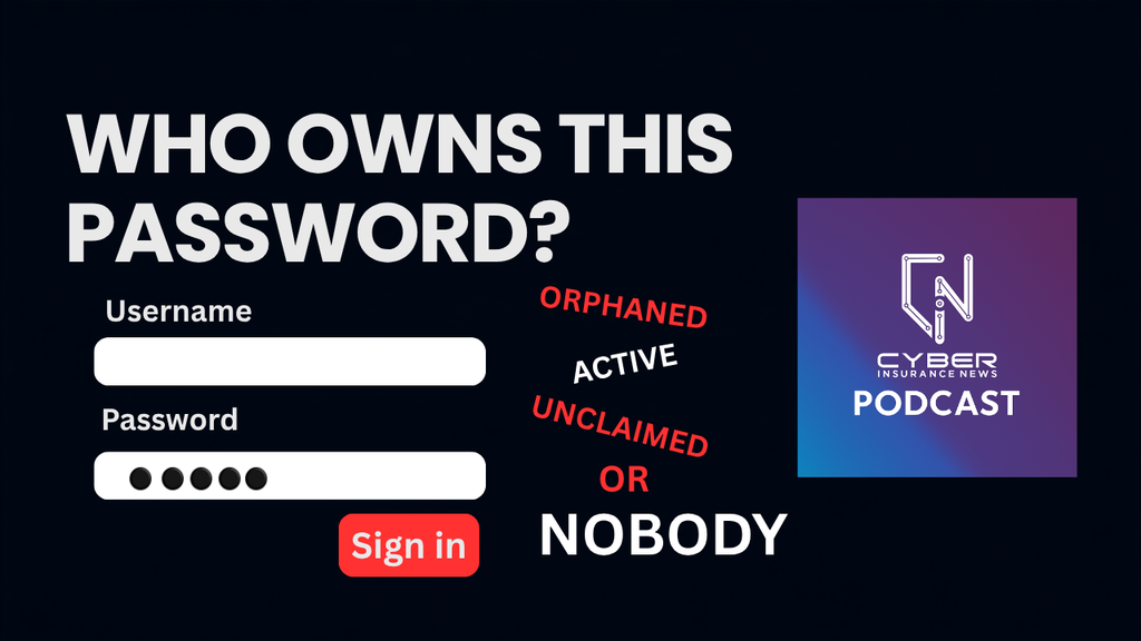 Who Owns This Password? Credential management cyber insurance podcast thumbnail with a login form marked orphaned, active, unclaimed or nobody