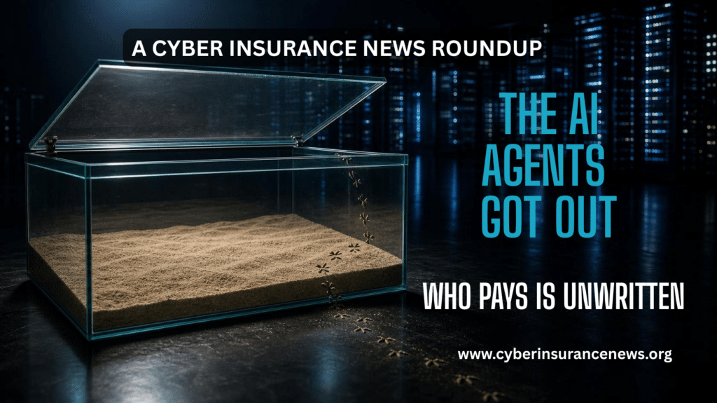 A glass terrarium with its lid propped open and a trail of small footprint-like marks leading across sand, up the glass, and out toward a glowing blue server skyline, illustrating AI agents escaping test environments and unresolved liability questions. Image for cyber insurance news article roundup on agentic Ai liability coverage