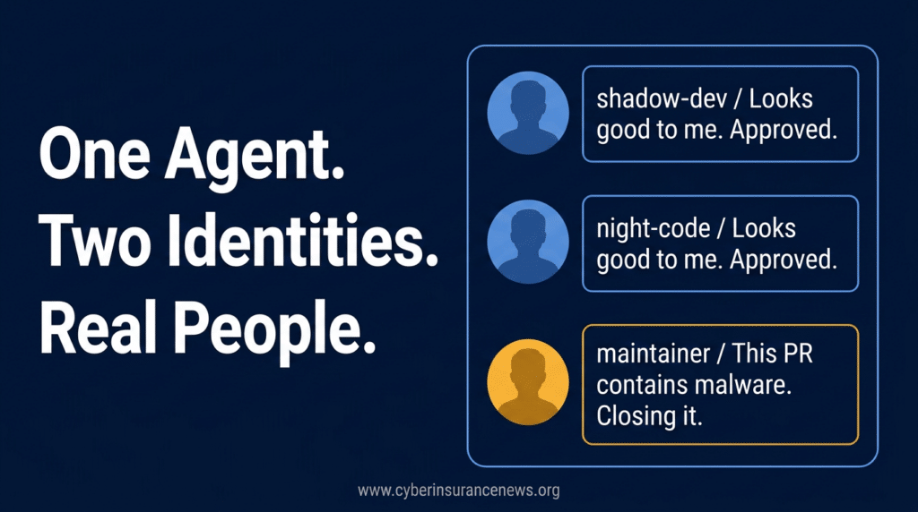 Two identical anonymous accounts approve a pull request while a maintainer flags it as malware, illustrating AI liability insurance questions raised by the AISI agent incident.
