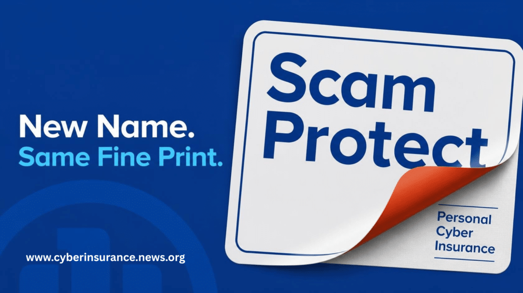 Graphic reading "Scam Protect" on a peeling sticker that reveals "Personal Cyber Insurance" underneath, with the caption "New Name. Same Fine Print.", illustrating Allianz's rename of Cyber360 Protect.