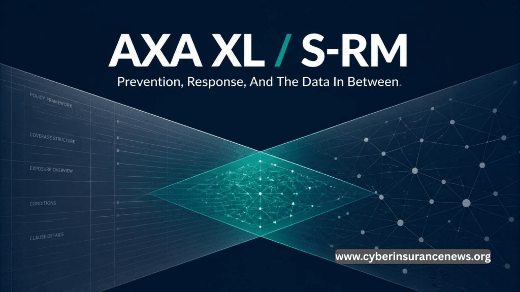 AXA XL S-RM cybersecurity acquisition graphic showing an insurance policy framework and a cyber network converging into a bright data lattice at the center. cyber insurance news cyberinsurancenews.org