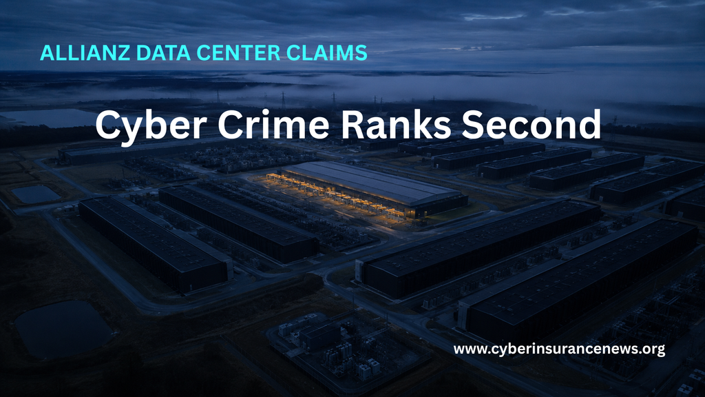 Aerial view of a hyperscale data center campus at dusk with one building lit and the others dark, in article on Allianz data center claims for cyber insurance news. 
