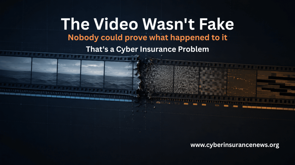 Broken filmstrip transitions from intact ocean footage into static and redacted frames, illustrating uncertainty over video evidence integrity and cyber insurance claims.