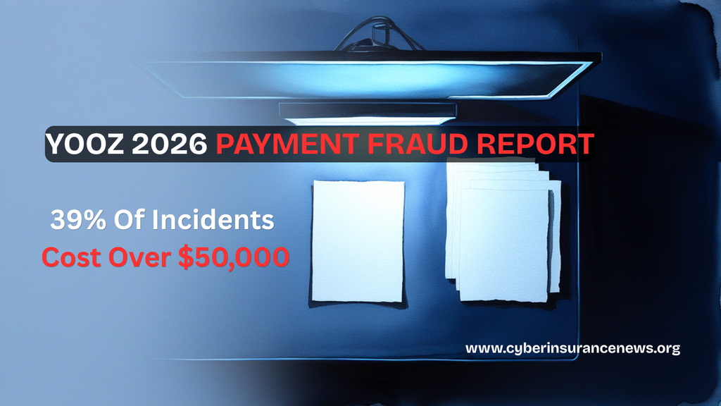 Payment fraud controls graphic from Cyber Insurance News showing blank invoices on a lit desk with the Yooz 2026 finding that 39 percent of incidents cost over 50,000 dollar