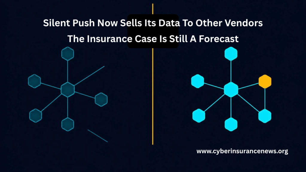 Network diagram illustrating preemptive threat intelligence, with a dim partially built cluster of hexagonal nodes on the left and a complete bright cyan cluster with one amber node on the right, separated by a vertical amber line. Text reads "Silent Push Now Sells Its Data To Other Vendors. The Insurance Case Is Still A Forecast." Cyber insurance news article on adversary infrastructure detection before an attack launches.
