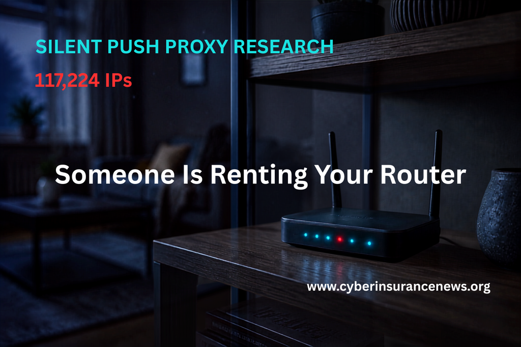 Darkened living room at night with a consumer wifi router on a shelf showing cyan status lights and one red indicator. Cyber Insurance News Article