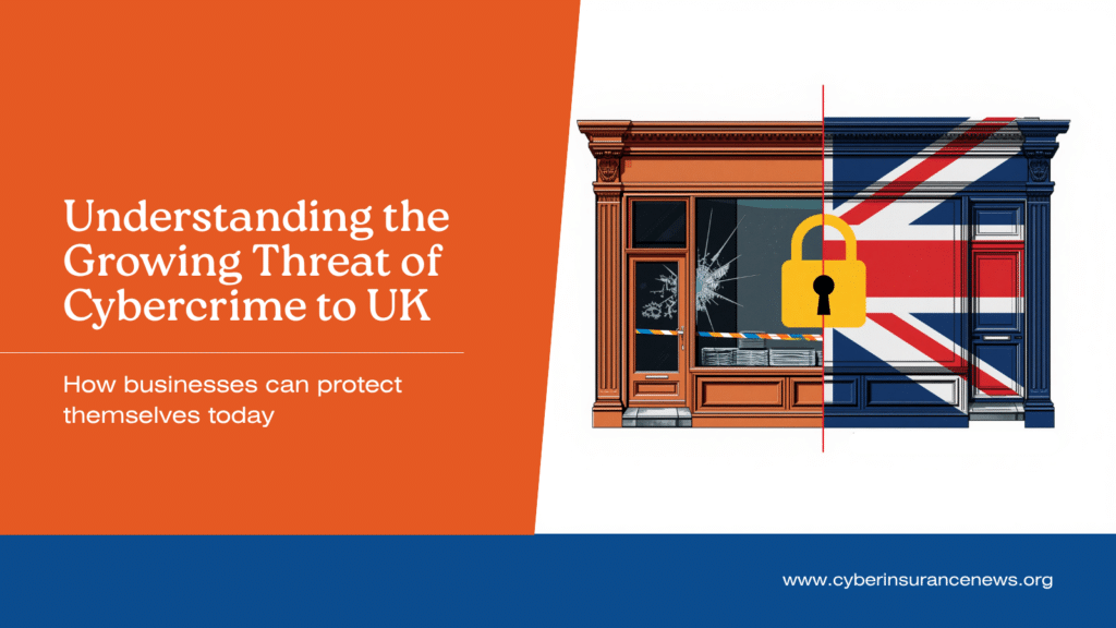 UK business crime and cyber insurance graphic showing a British high street shopfront split between a broken shop window with police tape and a ransomware lock screen, illustrating that only one in ten UK businesses hold a specific cyber insurance policy.