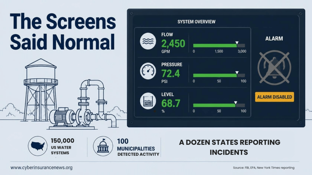 An industrial control panel showing normal flow, pressure and level readings beside a crossed-out alarm bell labeled alarm disabled, illustrating water utility cyber insurance exposure after attackers switched off safety alerts.