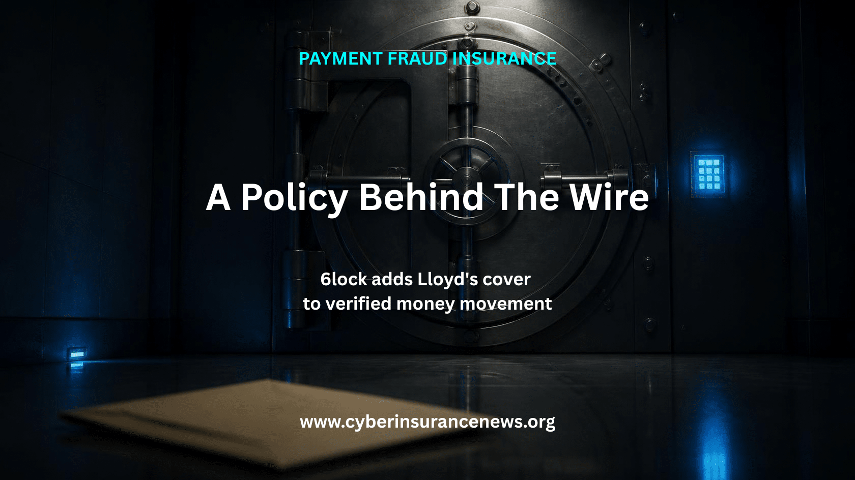 Cyber Insurance News story on payment fraud insurance showing a closed vault door with a lit keypad and an envelope on the floor, for article on payment fraud insurance.