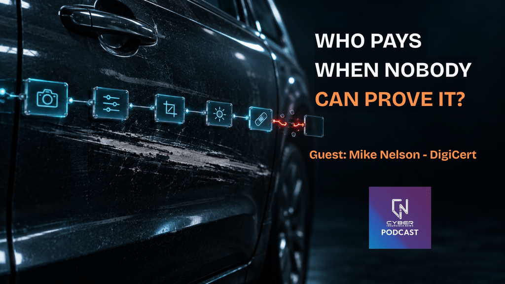 Scraped dark car door overlaid with a glowing cyan chain of photo-edit icons that breaks in red, illustrating content provenance and liability when a digital record can't be proven unchanged. Cyber Insurance News Podcast