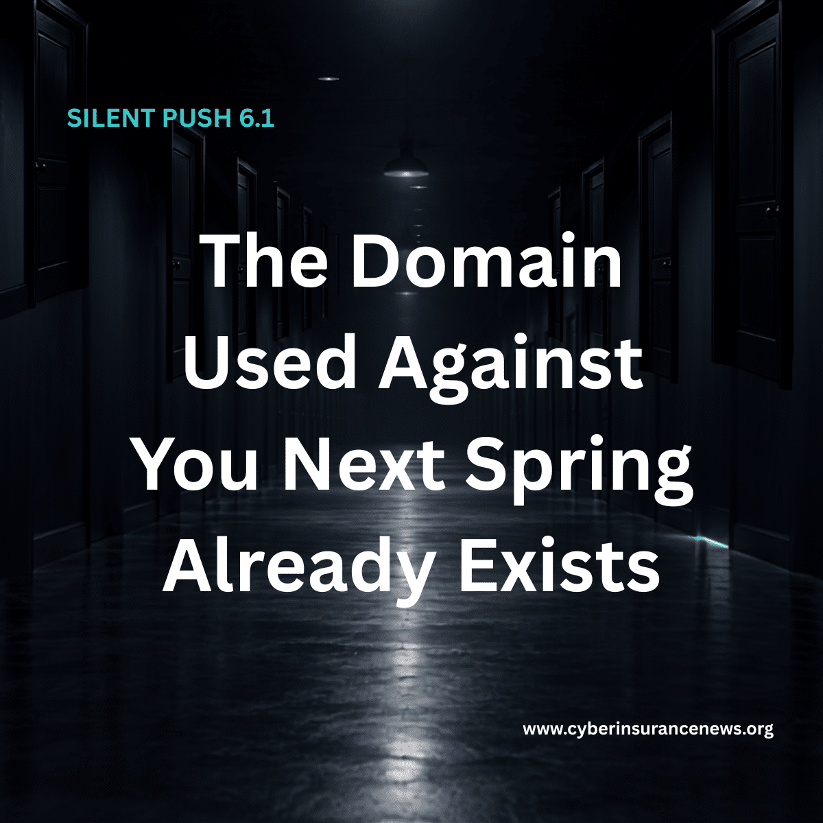 Dark corridor of identical closed doors with cyan light beneath one of them, illustrating brand impersonation monitoring and dormant look-alike domains